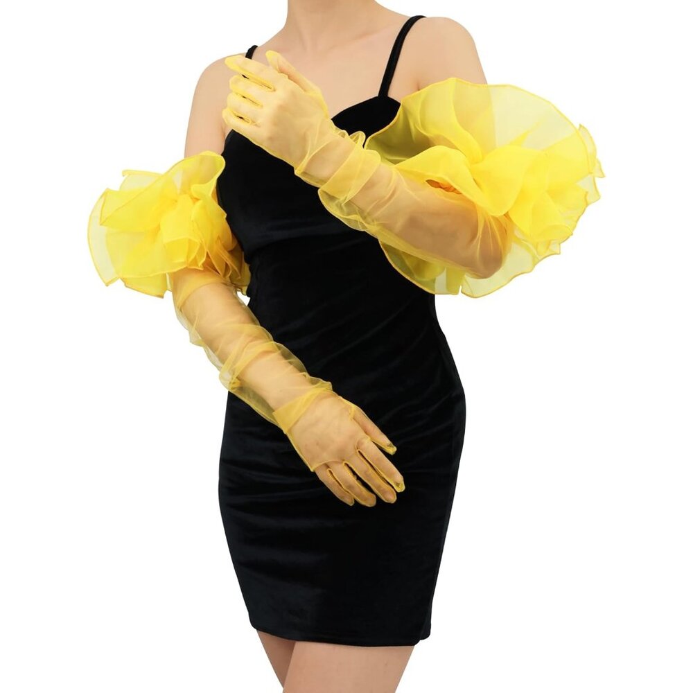 Women's Ruffle Yellow Tulle Puff Mesh Sheer Long Sleeve Gloves Cocktail Prom